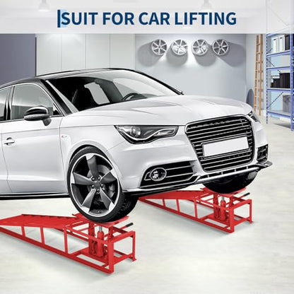 Hydraulic Car Ramps 2 Pack, 11000 LBS/5 Ton Heavy Duty Steel Auto Service Ramps, 9.4"-13.34" Adjustable Lift Height for Low Profile Vehicles, Trucks, SUVs, Garage Repair & Oil Changes, Red - color: Red