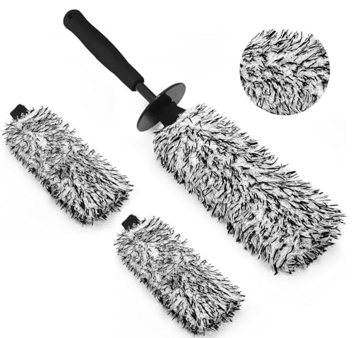 YeewayVeh 3PCS Wheel Cleaning Brush, Microfiber Flat Wheel Rim Cleaner Brush with 2 Extra Replaceable Cover, Car Cleaning Brush Kit for Wheels Tire Fenders Engine Exhaust Tips, Black&White - color: Black/White, size: 3 Pack