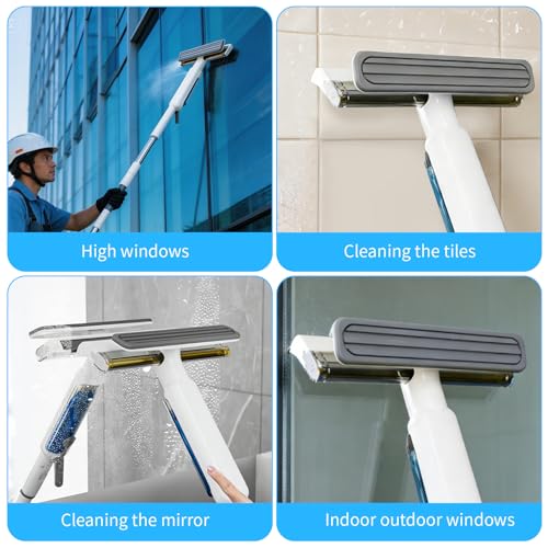 4-in-1 Window Squeegee with Extension Pole and Remote Control Spray, 74" Extendable Window Cleaner Tool, Window Cleaning Kit for Indoor Outdoor High Window, Car Glass & Shower Door