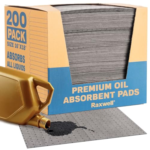 Raxwell Oil Absorbent Pads 200 Pack – 16” x 18” Heavy-Duty Spill Pads, 8-Layer Polypropylene, Dimpled & Perforated Universal Absorbent Sheets - Garage Floor Mat for Oil, Coolant, Water & Chemicals - size: 1 Count (Pack of 200)