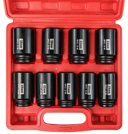 1/2" Drive Deep 6-Point Impact Socket Set/Spindle Axle Nut Impact Socket Set, Metric, Cr-Mo,29mm-38mm, 9-Piece Axle Socket Set - size: 9PC
