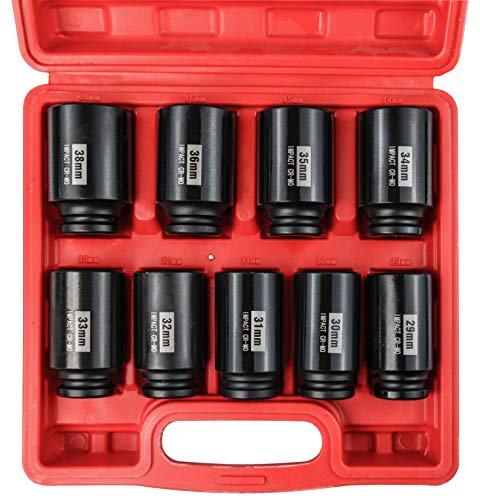 1/2" Drive Deep 6-Point Impact Socket Set/Spindle Axle Nut Impact Socket Set, Metric, Cr-Mo,29mm-38mm, 9-Piece Axle Socket Set - size: 9PC