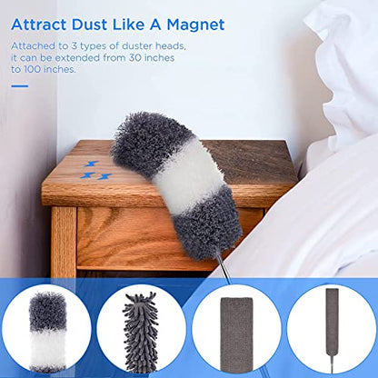 UIMO Microfiber Feather Duster Kit with Extension Pole (30–100") – Bendable Washable Heads, Extendable Dusters for Cleaning Ceiling Fan, High Ceiling, Blinds, Furniture & Cars (5 Pcs) | – Bendable Washable Heads, Extendable Dusters for Cleaning Ceiling Fa
