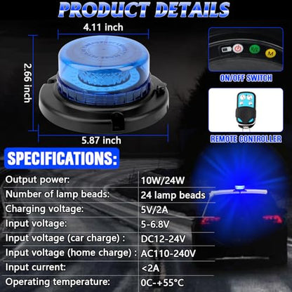 Remote Control Beacon Light, Rechargeable Wireless Blue Flashing Lights with Magnetic, High Low Brightness, 15 Modes Strobe Lights for Snowplow Tow Work Trucks Tractor - color: Blue