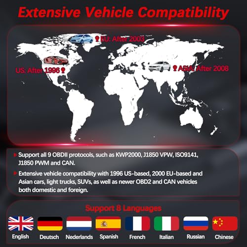 OBD2 Scanner Diagnostic Tool - Code Reader for Cars, Check Engine Light, Read/Clear Error Codes, Emissions Readiness, Battery Tester, All OBD II Vehicles Since 1996 - color: Red