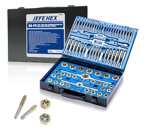 JEFE HEX 86pcs SAE & Metric Tap and Die Set for Coarse and Fine Threads, Creating or Repairing Internal Threads and External Threads with Storage Case - size: 86PCS