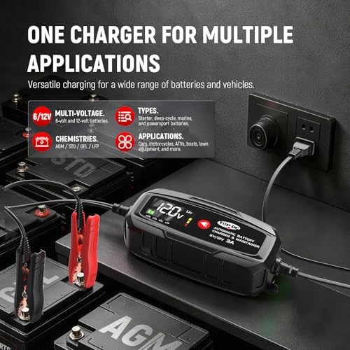 TOPDC 3A 6V/12V Car Battery Charger & Maintainer for AGM and LiFePO4 | 3A automatic charging and maintenance for 6V and 12V car, motorcycle, boat, RV, ATV and lawn tractor batteries. - size: 3A