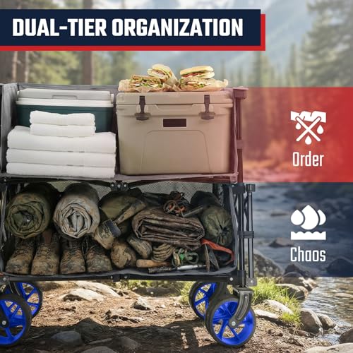 Sekey 500LBS Heavy Duty Double Decker Wagon with Extender, 400L Large Capacity Collapsible Garden Cart Fits 10x10 Canopy, All-Terrain Big Wheels with Brakes, Foldable Utility Wagon for Sports, Camping - color: Gray