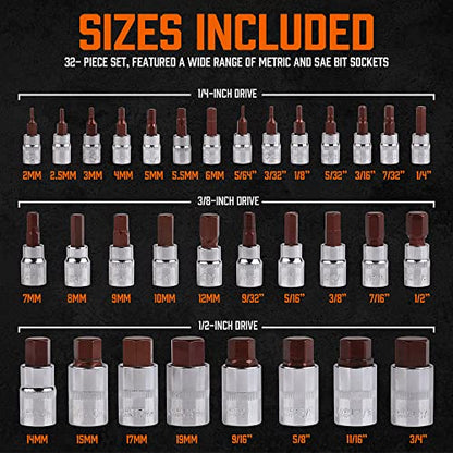 High Torque Master Hex Bit Socket Set, 32-Piece SAE & Metric Allen Socket Set, Premium S2 Alloy Steel, Durable Storage Case, 1/4", 3/8", 1/2" Drive, for Automotive & Mechanical Work - style: 32PC SAE/Metric Hex Bits