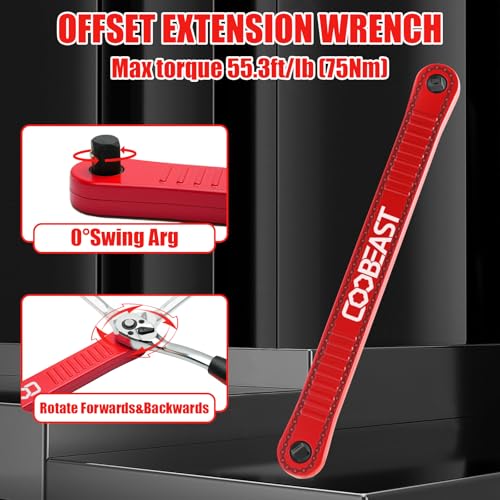 coobeast Red Offset Extension Wrench Impact Ready Socket Wrench Extender Tool with Versatile 1/4", 3/8", and 1/2" Square Drive Adapters, Universal Extensions Wrench for Small Place - color: Red, size: 13.4 inch