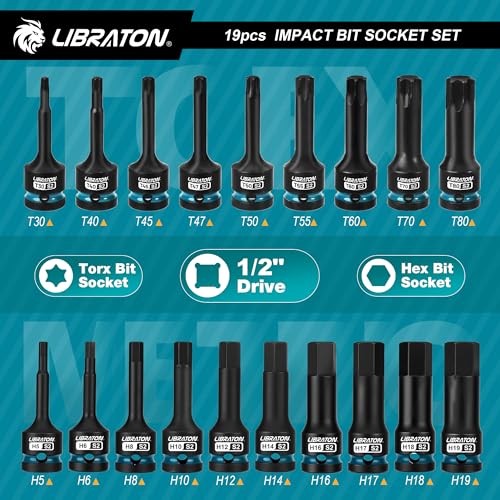 LIBRATON Impact HEX & TORX Bit Socket Set, 1/2" Dr, S2 Steel, 19PCS High Torque Sockets (H5-H19 + T30-T80) for Professional Mechanics & Automotive Repair (XPE Storage Cases) - style: 19PCS Torx+Hex
