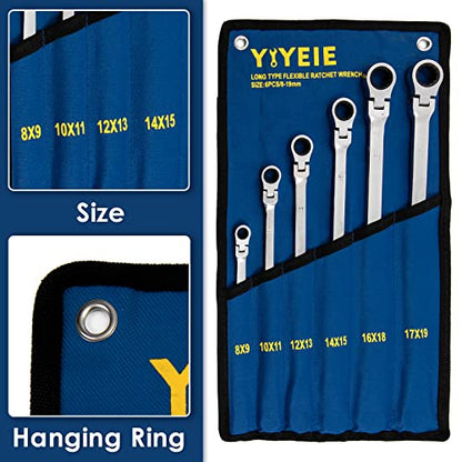 YIYEIE 6 Pcs Extra Long Flex Head Ratcheting Wrench Set, Metric Long Wrench 8mm - 19mm, 72-Tooth Double Box End Wrenches, Chrome Vanadium Steel with Mirror Polish Finish, Rolling Pouch - size: Extra Long Set Metric