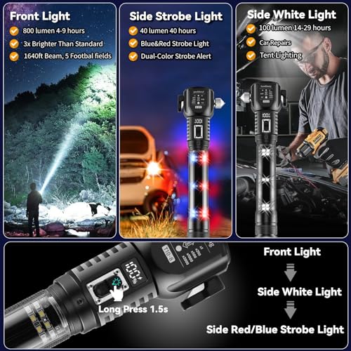 18-in-1 Car Emergency Flashlight, Window Breaker Seatbelt Cutter | 800LM solar/usb flashlight, magnetic base, emergency power bank, electric lighter, 120dB alarm & compass. Ideal driver gift
