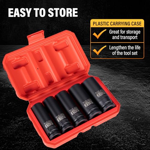 5 Pieces 1/2 inch Drive Deep Impact Socket Set, Metric,15mm 17mm 19mm 21mm 22mm,Cr-Mo,6-Point,Spindle Axle Nut Impact Socket | Cr-Mo, Radius Corner Design, Spindle Axle Nut Impact Socket, 6-Point