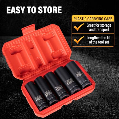5 Pieces 1/2 inch Drive Deep Impact Socket Set, Metric,15mm 17mm 19mm 21mm 22mm,Cr-Mo,6-Point,Spindle Axle Nut Impact Socket | Cr-Mo, Radius Corner Design, Spindle Axle Nut Impact Socket, 6-Point