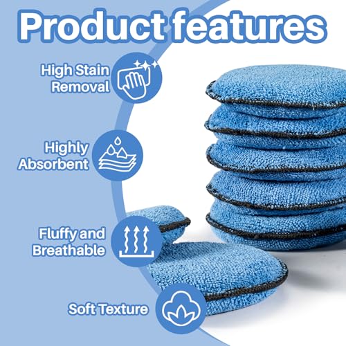 Sukh 12 Pack Microfiber Applicator Pads - 4.72 Inch Car Wax Applicator Pads | Round Blue Foam Sponges for Car Waxing, Buffing and Fine Polishing, Ultra Soft High Density Auto Detailing Supplies Set - color: Blue