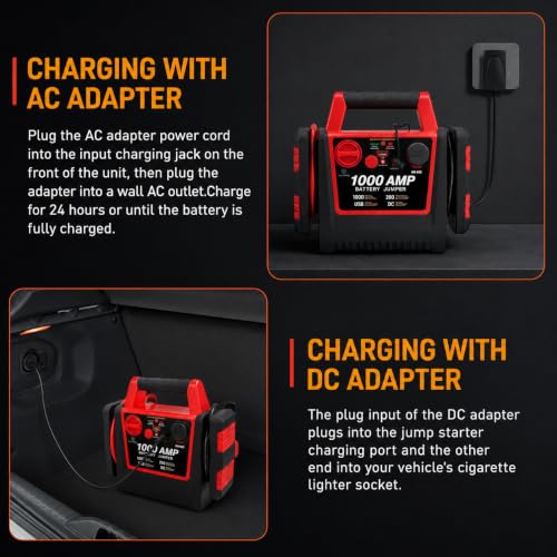 4 in 1 Battery Booster Jump Starter with Air Compressor Portable 260PSI Tire Inflator,1000 Amp Jumper starter power pack Jump Box,12V Power Station with USB Port and DC Outlet