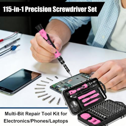 115-in-1 Precision Screwdriver Sets, Multiple Repair Tool Kit with Cluch Head and Bits Non Slip Handle and Tweezers for Electronics, Watch, Glasses, Automotive Maintenance, Pink - color: Lightpink