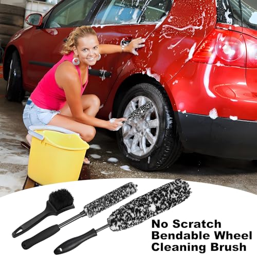 Bendable Wheel Brush Kits Soft Microfiber Wheel Cleaner Brush Synthetic Woolies No-Scratch Wheel Cleaning Brush Car Detailing Rim Tire Brush