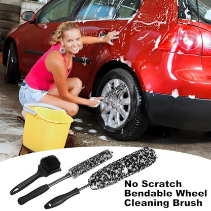 Bendable Wheel Brush Kits Soft Microfiber Wheel Cleaner Brush Synthetic Woolies No-Scratch Wheel Cleaning Brush Car Detailing Rim Tire Brush