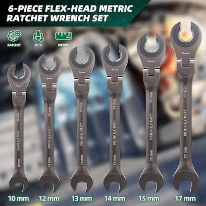 PRIDE&CRAFT 6-Piece Flex-head Ratcheting Wrench Set, Metric 10-17mm Tubing Wrench Set, CR-V Steel, Nickel Plating, Open-head Brake Line Wrench Set with Organizer Pouch - size: 6PC Metric Ratcheting Flex Head
