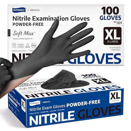 Supmedic Medical Soft Max™ Black Nitrile Disposable Gloves, 100 Pcs, Latex-Free & Powder-Free Food Safe Food Prep Exam Gloves - color: X-large (Black)