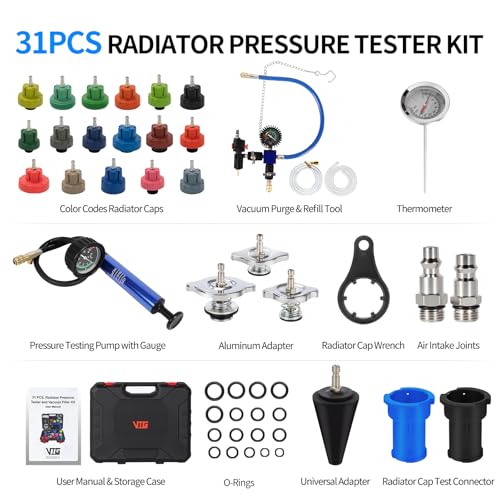 VTG VOGTEN 31PCS Coolant Pressure Tester Kit,Radiator Pressure Tester and Vacuum Refill Kit for Automotive Cooling System Water Tank Leakage Detection - color: Black