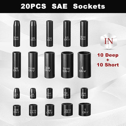 Aloanes 3/8" Drive Impact Socket Set, 64-Piece Deep & Shallow SAE (5/16"-1") & Metric (6mm-24mm) Sockets, 72-Tooth Ratchet Wrench, Universal Joint&Power Drill Adapter&Extension Bars - size: 3/8" 64 PCS SAE & Metric