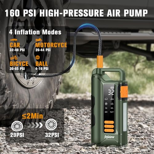 Jump Starter with Air Compressor, 5000A Car Battery Jump Starter, 16000mAh Battery Jumper Starter Portable for 10L Gas/Diesel Engine with 160PSI Booster, LED Display & Light, Jumper Cables - size: Standard Style, 5000A+16000mAh+160PSI