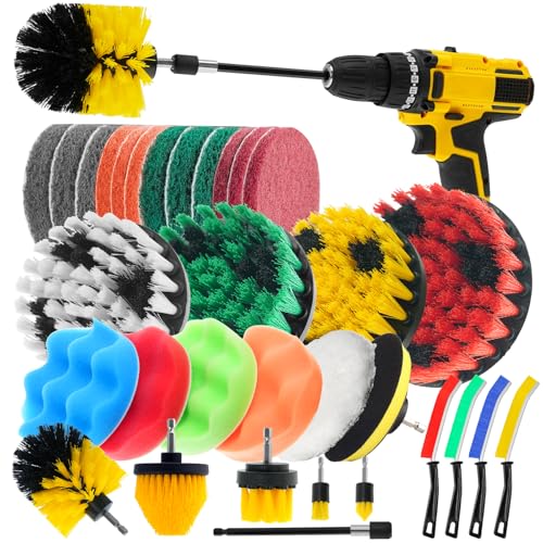 32 Pack Drill Brush Attachments Set Scrub Pads Sponge Buffing Pads Crevice Cleaning Brush for Home Bathroom Car Kitchen Corners Sink Stubborn Stains Tiles Car Polishing Kit