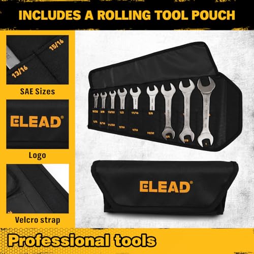 ELEAD 19-Piece Super-Thin Open End Wrench Set, Metric 5.5–27 mm & SAE 1/4"-1-1/16", CR-V Nickel Plated, 3 mm Thickness Ultra-Slim Wrench Set for Tight Spaces, Durable Roll-Up Pouch for Mechanics - color: 19-piece Super-thin Metric&sae Black