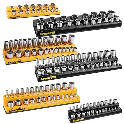 GRENPRO Socket Organizer for Tool Box Drawer, 6pc 143 Metric & SAE Magnetic Socket Holder, 1/4", 3/8", 1/2" Drive Socket Tray Set, Magnetic Socket Organizer - style: 6-Piece Magnetic Socket Holder