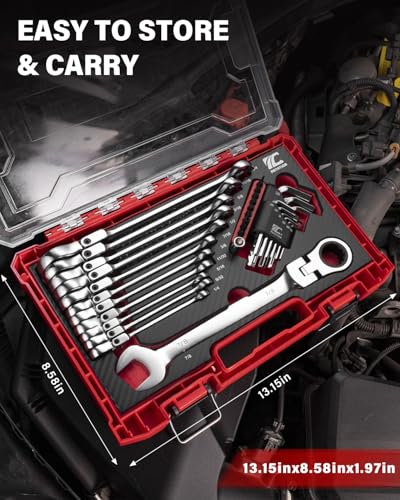 ROTATION 32 Piece SAE Flex-Head Ratcheting Wrench Set, 1/4" to 7/8" Combination Ratcheting Wrenches with Hex Keys, Bits, and 1/4" Adapter, Chrome Vanadium Steel, Includes Storage Case - size: SAE