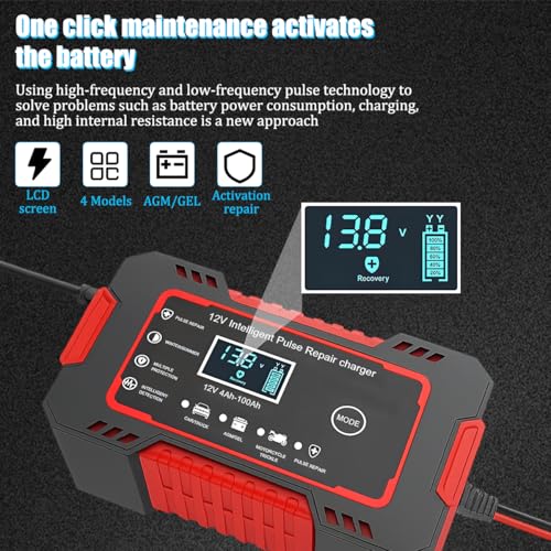 Car Battery Charger, 12V 6A Smart Fully Trickle Vehicle Battery Charger & Desulfator with Temperature Compensation, Portable Automotive Power Maintainer, Universal Fit (Red) - color: Red