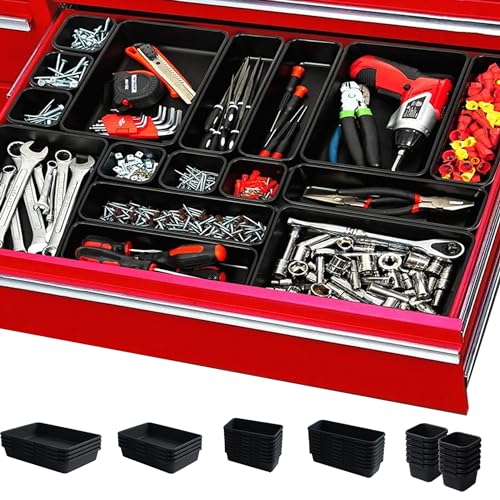 [𝐔𝐩𝐠𝐫𝐚𝐝𝐞𝐝] 𝟔𝟓 𝐏𝐂𝐒 Tool Box Organizer Tray 𝟓 𝐒𝐢𝐳𝐞𝐬 Desk Drawer Organizers Garage Storage Toolbox Divider Trays for Tool Chest Cart Cabinet Workbench Hardware Organization - color: Black 65Pcs
