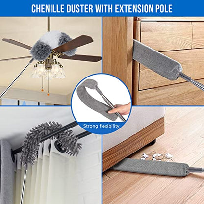 UIMO Microfiber Feather Duster Kit with Extension Pole (30–100") – Bendable Washable Heads, Extendable Dusters for Cleaning Ceiling Fan, High Ceiling, Blinds, Furniture & Cars (5 Pcs) | – Bendable Washable Heads, Extendable Dusters for Cleaning Ceiling Fa
