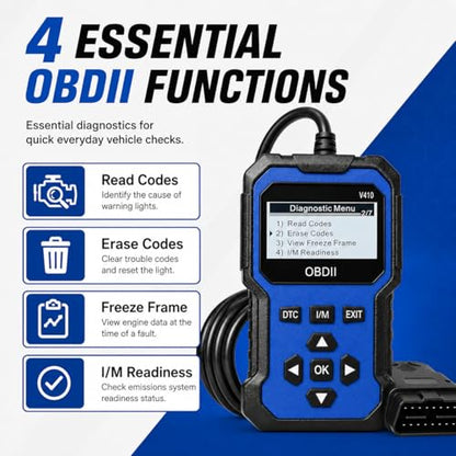 V410 OBD2 Scanner Diagnostic Tool, Check Engine Code Reader for OBDII Cars Since 1996, Live Data, I/M Readiness, Battery Voltage Test, Vehicle Info for Cars & Trucks, Blue