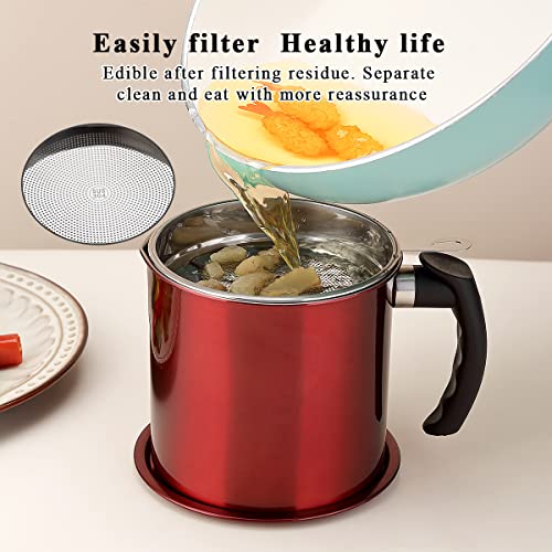 Kyraton Bacon Grease Container With Strainer, 48 oz Metal Shining Red Stainless Steel Oil Container, Pot Fat Storage With Lid, Easy Grip Handle Suitable For Storing Frying Oil And Cooking Grease - color: 4.Metal Red
