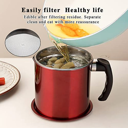 Kyraton Bacon Grease Container With Strainer, 48 oz Metal Shining Red Stainless Steel Oil Container, Pot Fat Storage With Lid, Easy Grip Handle Suitable For Storing Frying Oil And Cooking Grease - color: 4.Metal Red