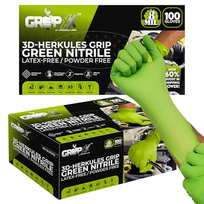 GRIPXX Herkules Grip Heavy Duty 8Mil Green Nitrile Gloves,3D Raised Diamond Texture-Latex & Powder Free-Industrial, Mechanic | Pack of (200 CT) - size: Large, style: Green - 200 Count