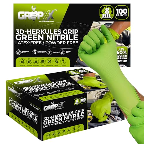 GRIPXX Herkules Grip Heavy Duty 8Mil Green Nitrile Gloves,3D Raised Diamond Texture-Latex & Powder Free-Industrial, Mechanic | Pack of (200 CT) - size: Large, style: Green - 200 Count