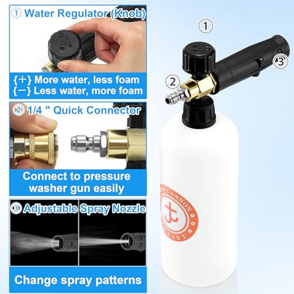 JOEJET Pressure Washer Gun with Foam Cannon, Car Wash Foam Gun with 1/4” Quick Connector, 5 Pressure Washer Nozzle Tips, 1 Liter | Adjustable Soap Cannon for Car Wash, 5 Power Washer Nozzle Tips, 2100 PSI - size: 1 L