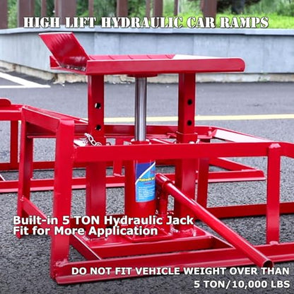 Hydraulic Car Ramps 5T 11000lbs, 2 pcs Heavy Duty Steel Car Ramps Lift Height 9" - 15" for Oil Change, Low Profile Portable Automotive Vehicle Lift Service Ramps Truck Trailer - color: Red