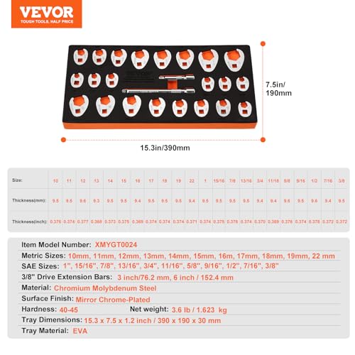 VEVOR 3/8" Drive Crowfoot Wrench Set with 2 Extension Bars, SAE 3/8"-1" and Metric 10-22 mm, CR-MO Steel Crowfoot Wrench Set, 24-Piece Crows Foot Wrench Set,with EVA Tool Organizer
