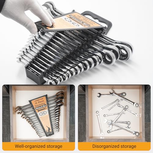 16-Piece Ratcheting Wrench Set, Combination Wrench Set, with Organizer, MM/Metric Max 120-tooth Chromium Vanadium Combination Wrench
