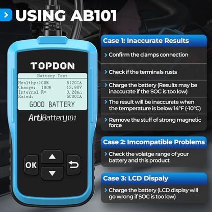 TOPDON AB101 Car Battery Tester 12V Car Battery Load Tester on Cranking Charging Systems, 100-2000 CCA Automotive Alternator Analyzer for Cars/SUVs/Light Trucks with Flooded AGM Gel Types