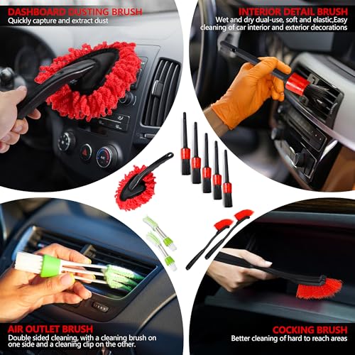 35Pcs Car Detailing Kit & Car Cleaning Kit, B：35PCS-R | Windshield Tool, Long Wheel Brush & 2 Angled Brushes, 4 Polishing Pads & 4 Wax Pads, Red Tool Box, Gift for Men