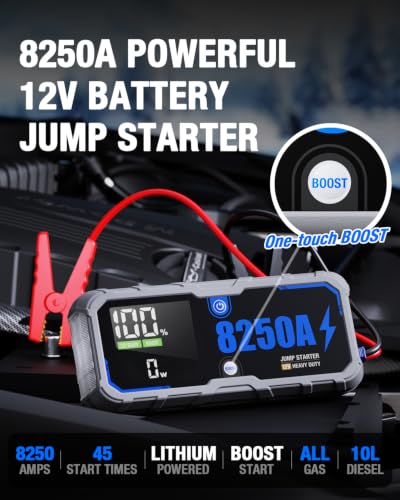 Portable 8250A Car Battery Jump Starter with PD-65W (for All Gas or 10.0+L Diesel), 12V Potable Car Jump Start with 4.01 inch HD Screen, 2 USB Power Bank 24-Months Stand-by Time - size: 8250A+65W