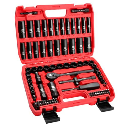 LLNEDL 3/8" Drive Impact Socket Set 95Pcs, Spark Plug Socket (5/8", 13/16"), 6 Point Metric & SAE from 5/16"- 3/4", 8-22mm, CR-V Deep & Shallow Kit with Quick Release Ratchet (72-Tooth) for Home & DIY - color: Red Case