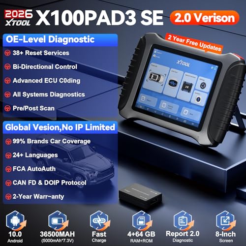 XTOOL X100 PAD3 SE AI-Assisted Bidirectional OBD2 Scanner, All System Scan Tool with 38+ Reset, Car Scanner Diagnostic Tool with FCA AutoAuth, ECU Coding, Crank Sensor Relearn, CANFD/DOIP, 2-Yr Update